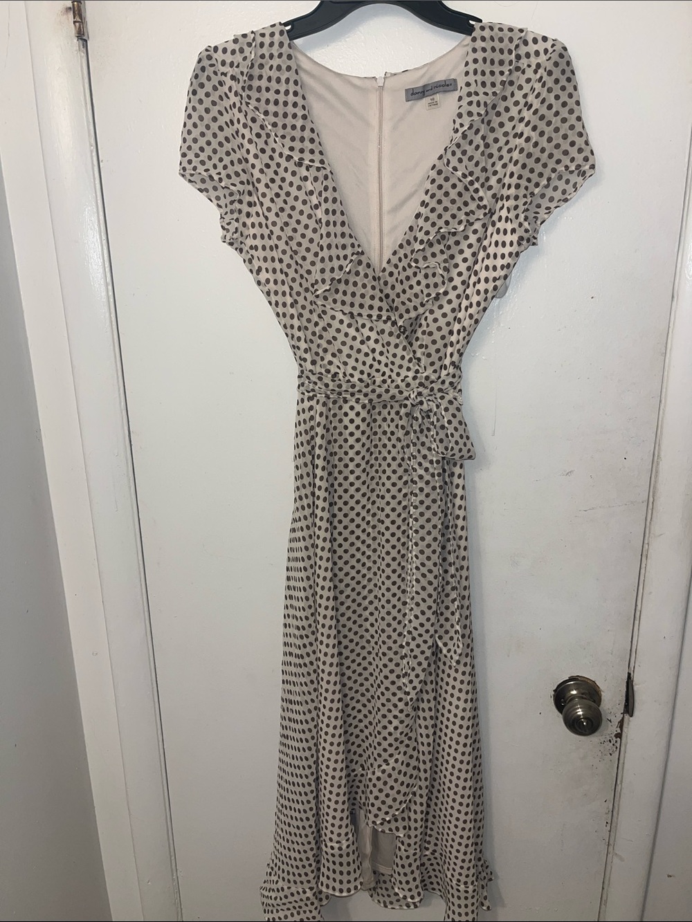 Danny & Nicole Beige Maxi Wrap Dress with Black Polka Dots